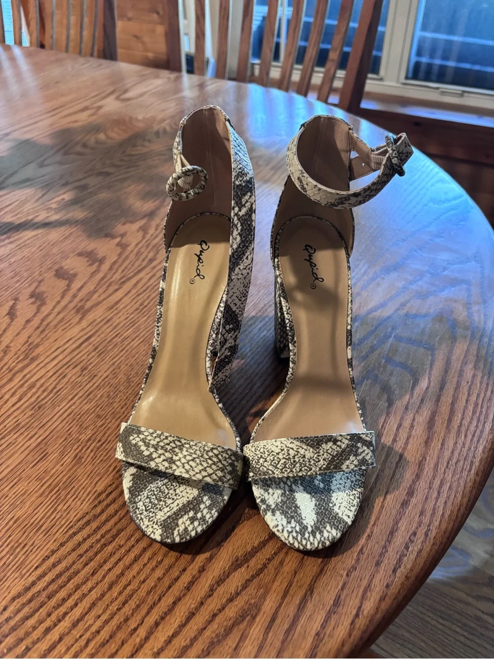 Qupid Snake-Print Ankle Strap Block Heels in Black and Cream